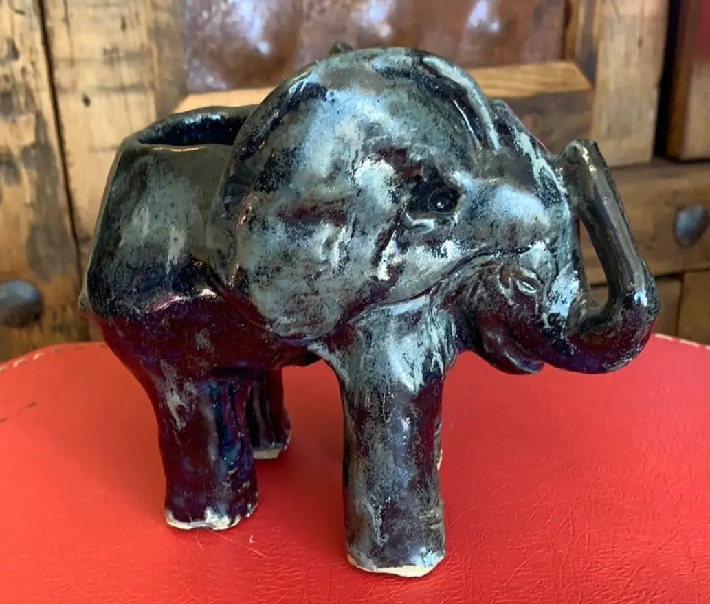 Small Dark Blue/Grey Glazed Pottery Elephant Planter 1
