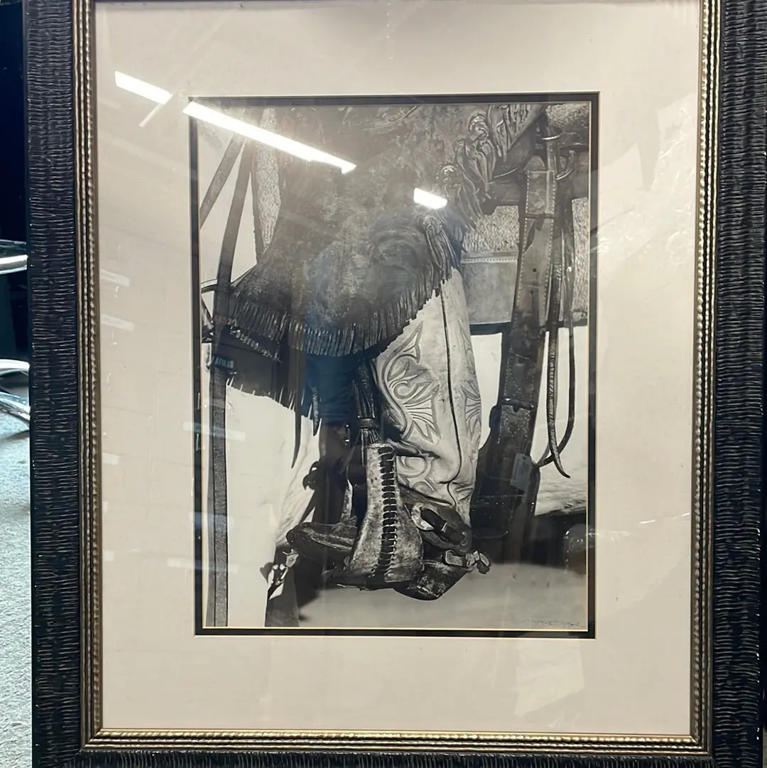 Still Life Black And White Photo With Cowboy Boot Print 1