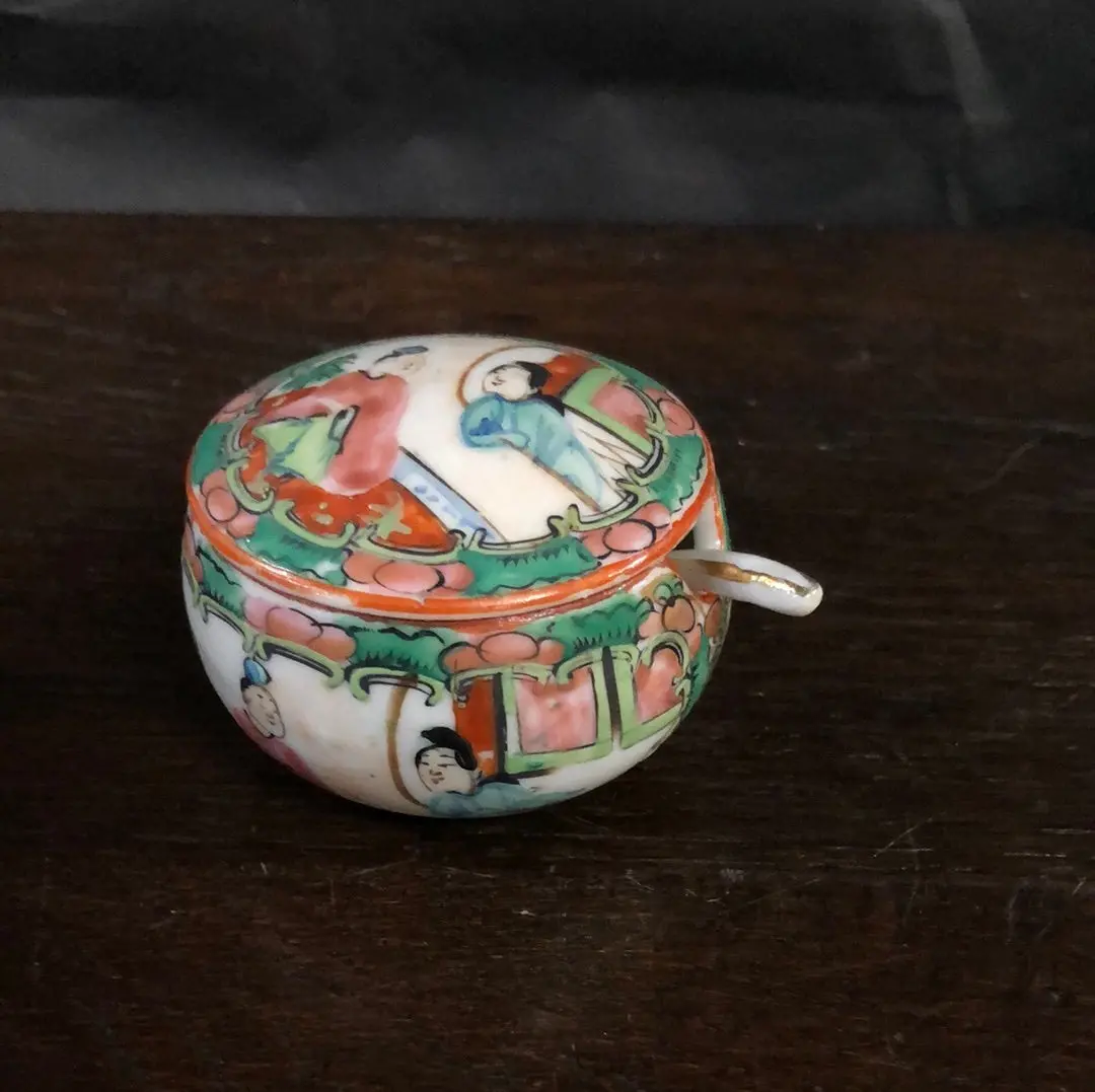 * Tiny Rose Famille Sauce Dish With Spoon Added To Sold Lot 1