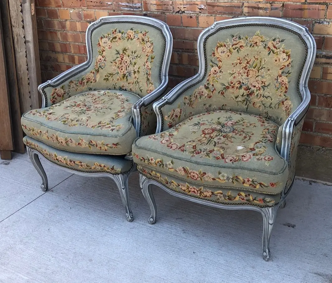 Pair Of Needle Point Painted Bergere Chairs - As Found 1