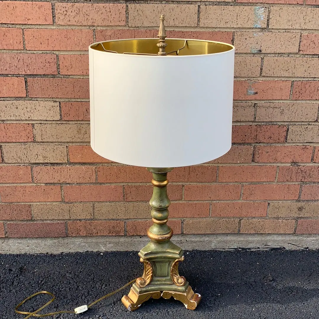 Antique Wood Green And Gilt Lamp 1