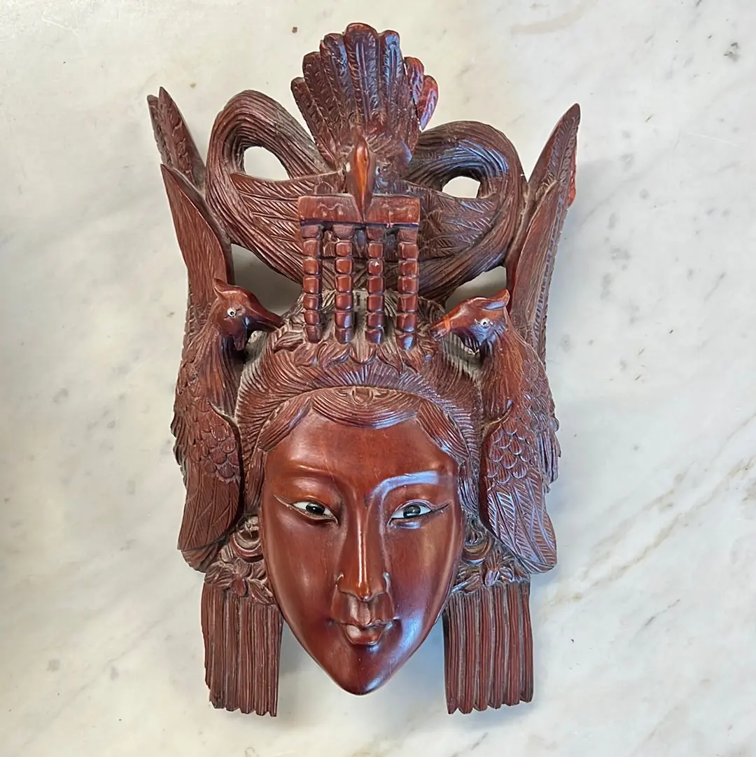 As Found Large Asian Carved Wood Lady's Face With Birds 1