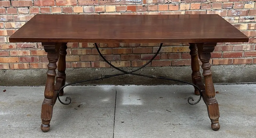 Spanish Iron Stretcher Beech Trestle Table 1