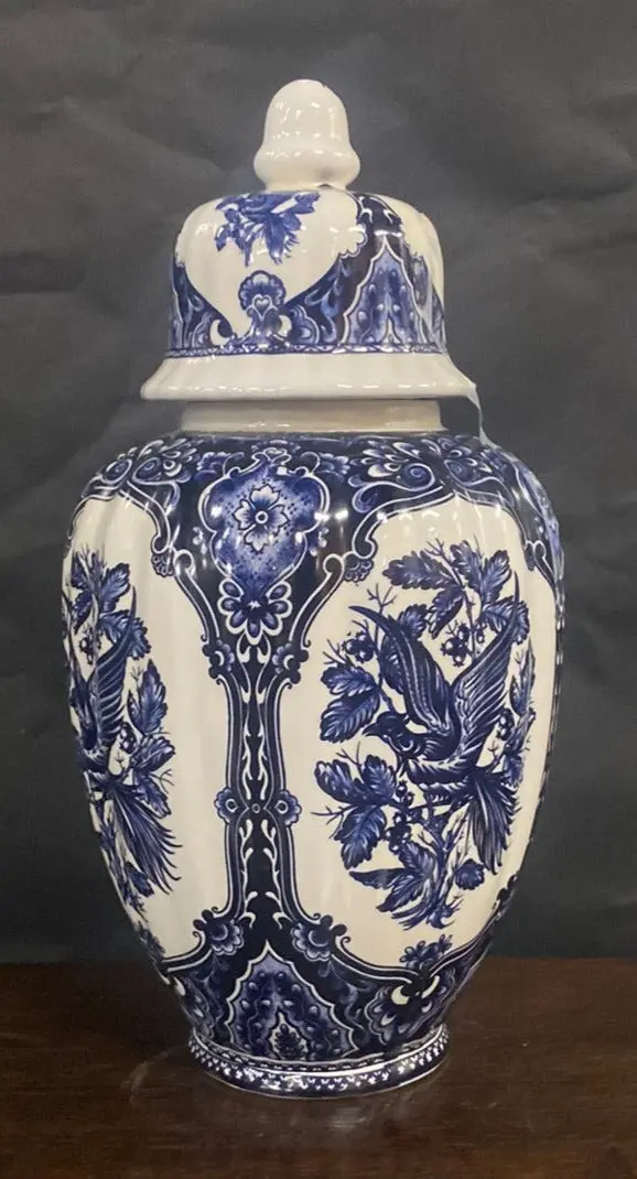 Dark Blue Floral Lidded Delft Urn With Birds 1