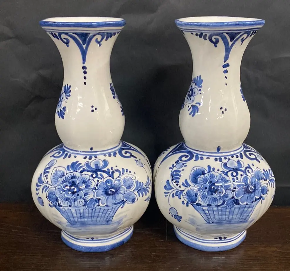 Pair Of Delft Bulbous Floral Basket Vases 1