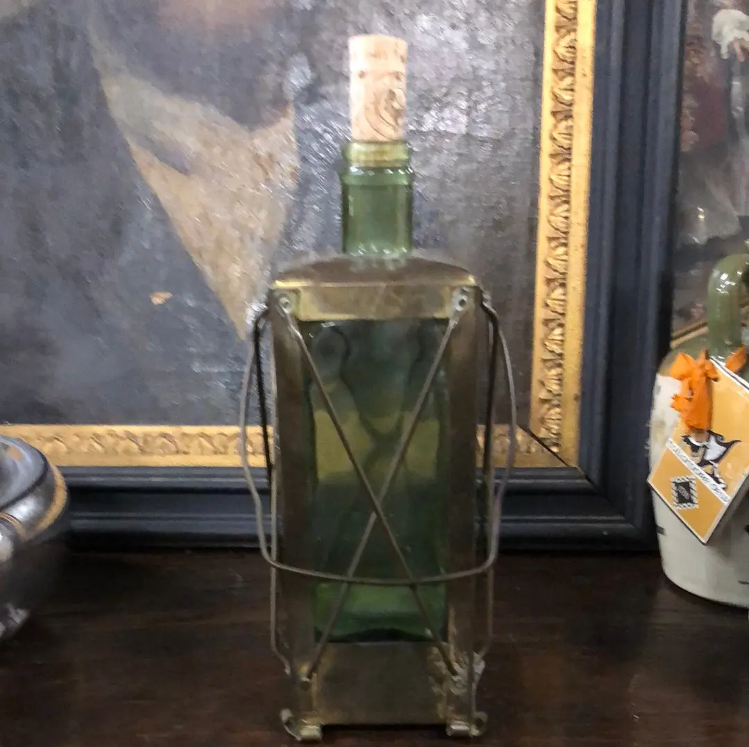 Brass And Green Glass Lantern Liquor Decanter With Music Box 1