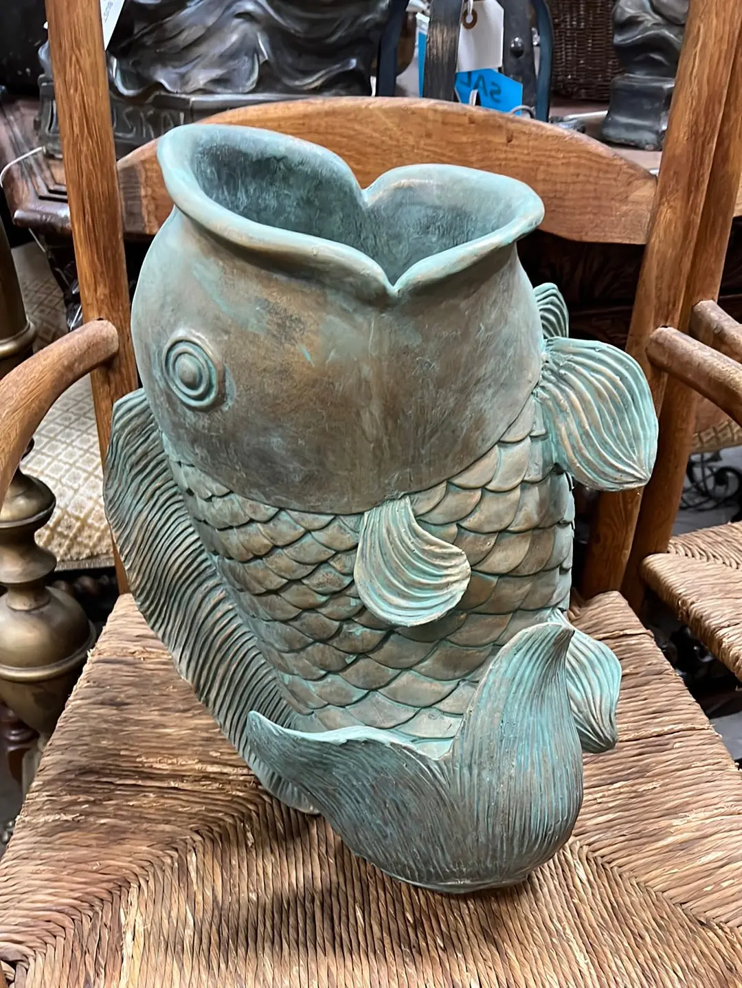 Verdigris And Gold Big Mouth Fish Resin Planter 1