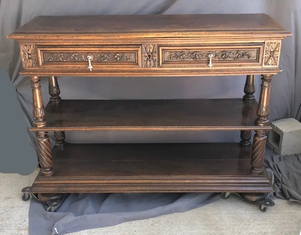 French Oak Tiered Server With Lift Topand  Marble Insert 1