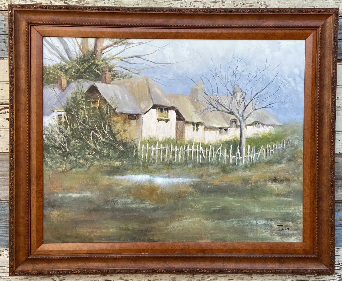 Large Oil Painting Of Country House Signed Tutcio 1
