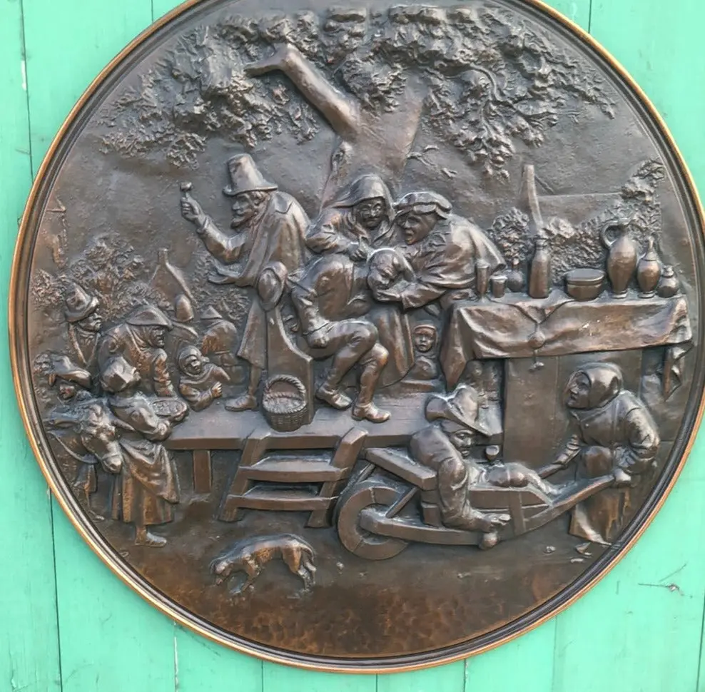 Large Copper Relief Plaque With People And A Dog 1