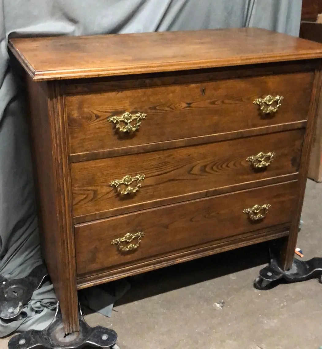 Late 19Th Century 3 Drawer Elm Chest With Ornate Brass Handles 1