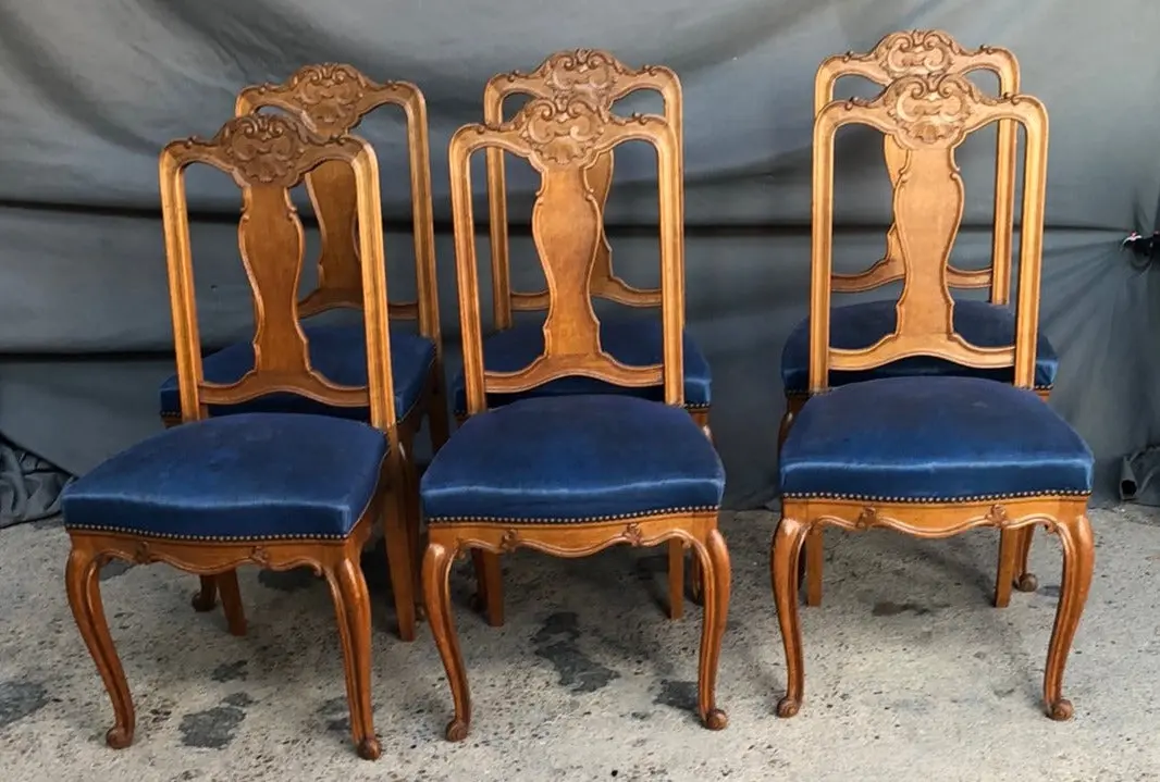 Set Of 6 Oak Louis Xv Chairs With  Blue Leather Seat S 1