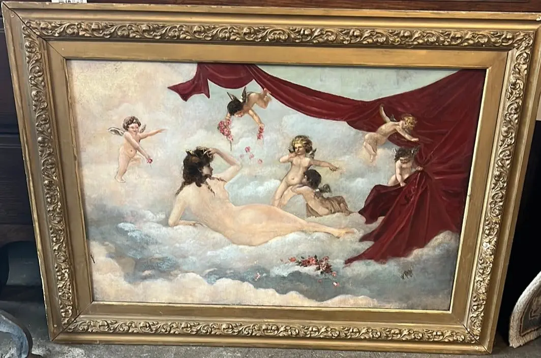 19Th Century Oil Painting Of A Nude Woman With Angels 1