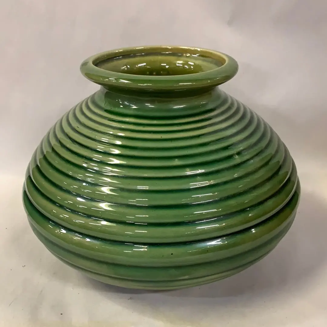 Large Ribbed Green Glazed Bulbous Vase 1