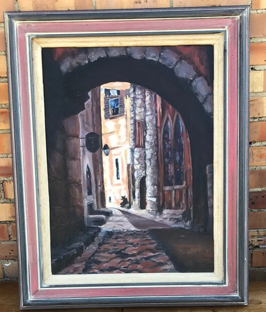 Cobbled Street Scene Oil Painting On Canvas With Arch 1