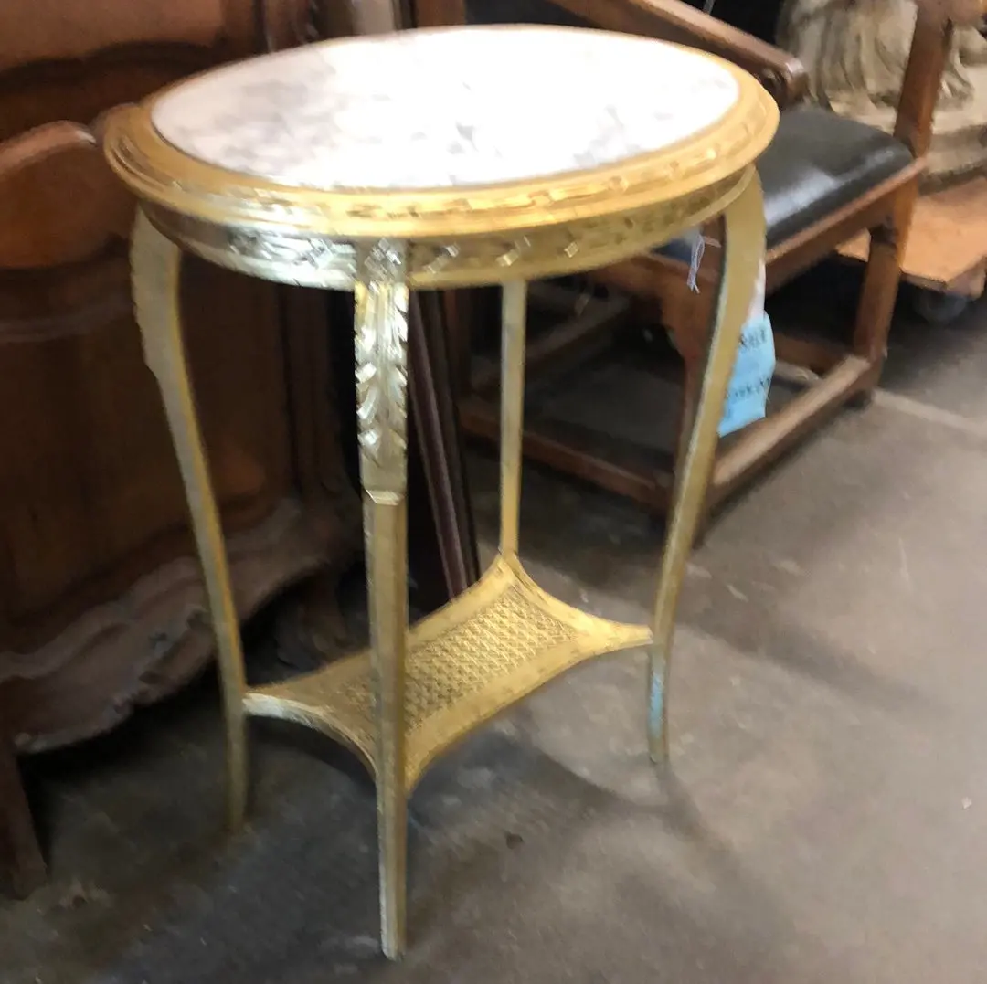 Oval Gold Marble Top Stand With Caning 1