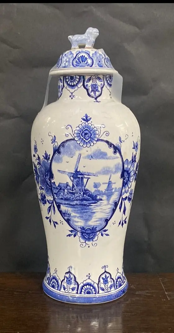 Small Delft Lidded Urn With Windmill 1