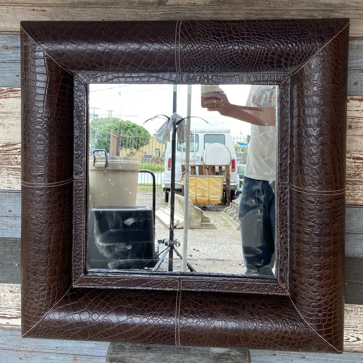 Small Square Leather Framed Mirror 1