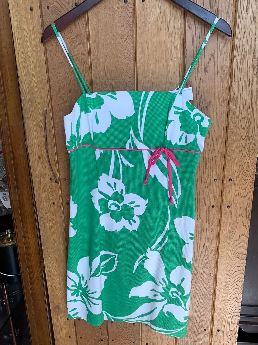 Green Hibiscus Print Dress With Pink Ribbon 1