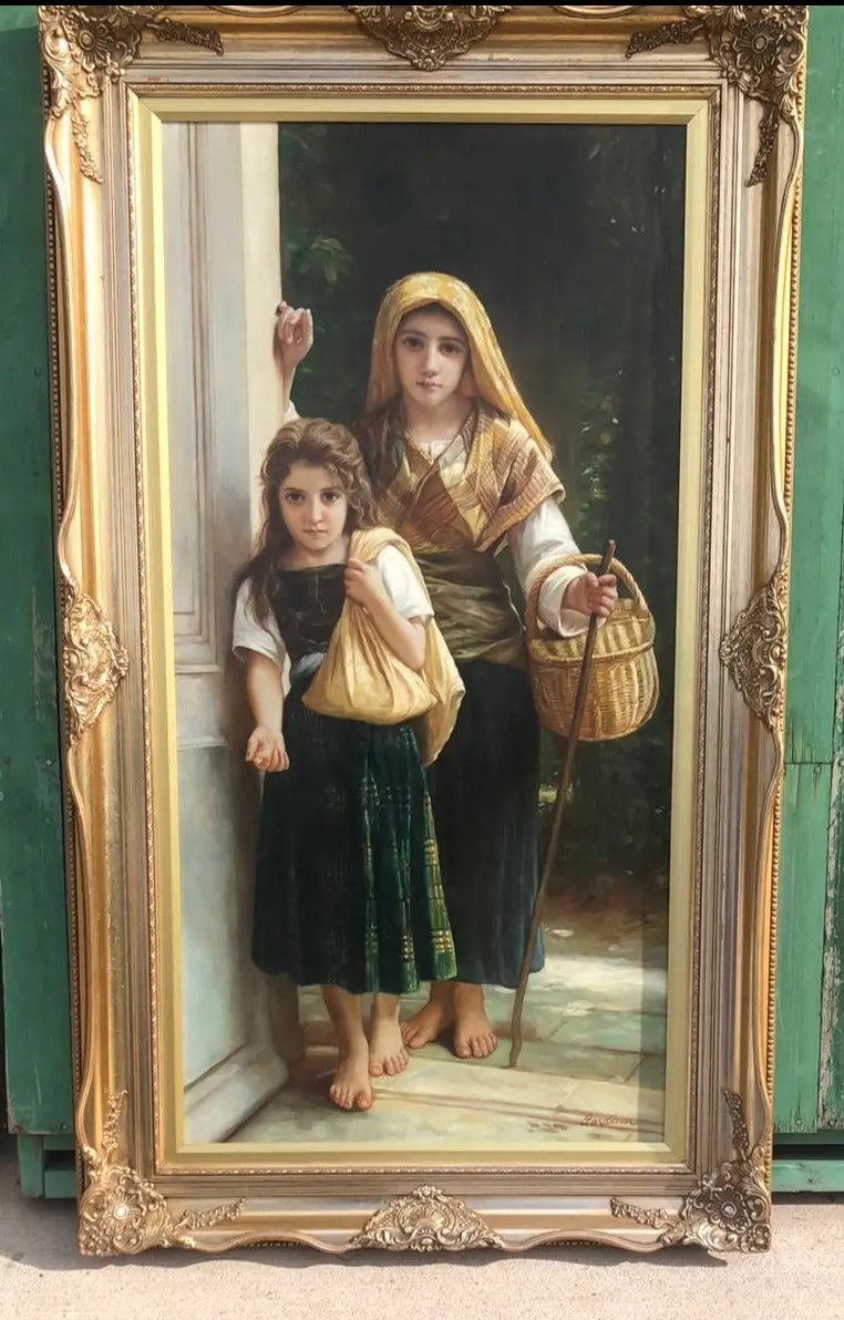 Framed Oil Painting Of 2 Girls With Basket-Style Of Buchero 1