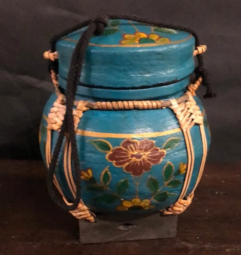 Small Painted Blue Chinese Basket With Lid 1