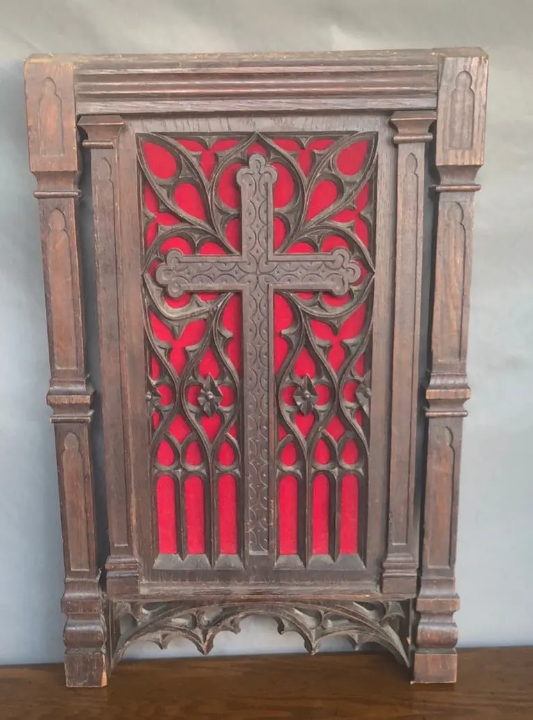 Pierce Carved Oak Cross Panel With Red Velvet 1