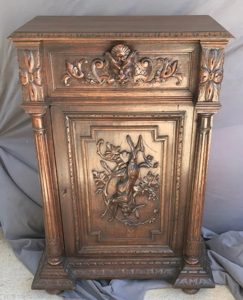 Tall Oak Jam Cupboard With Rabbit And Lion 1
