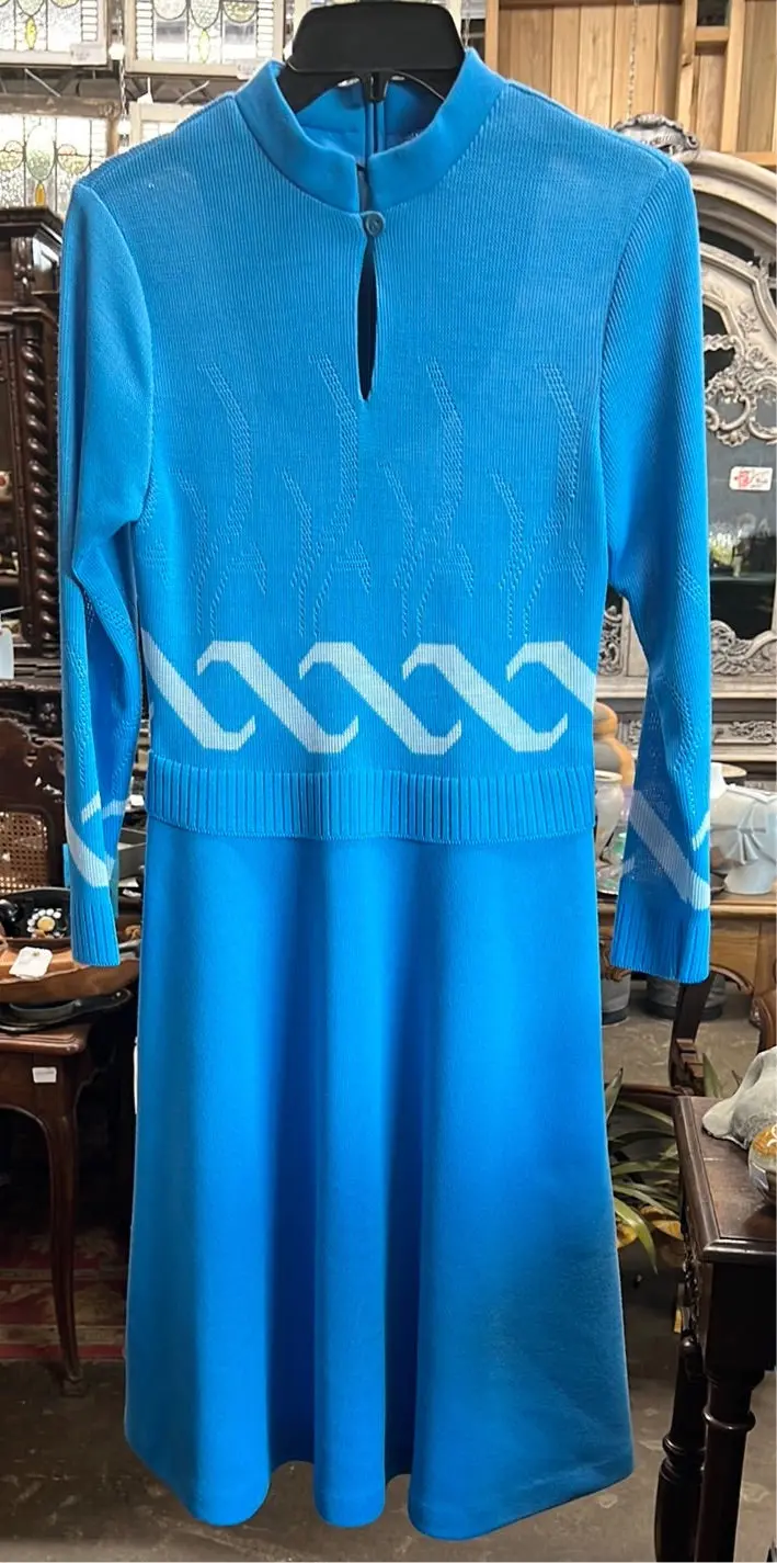 Vintage Sky Blue Knit Long Sleeve Flared Skirt Dress 1