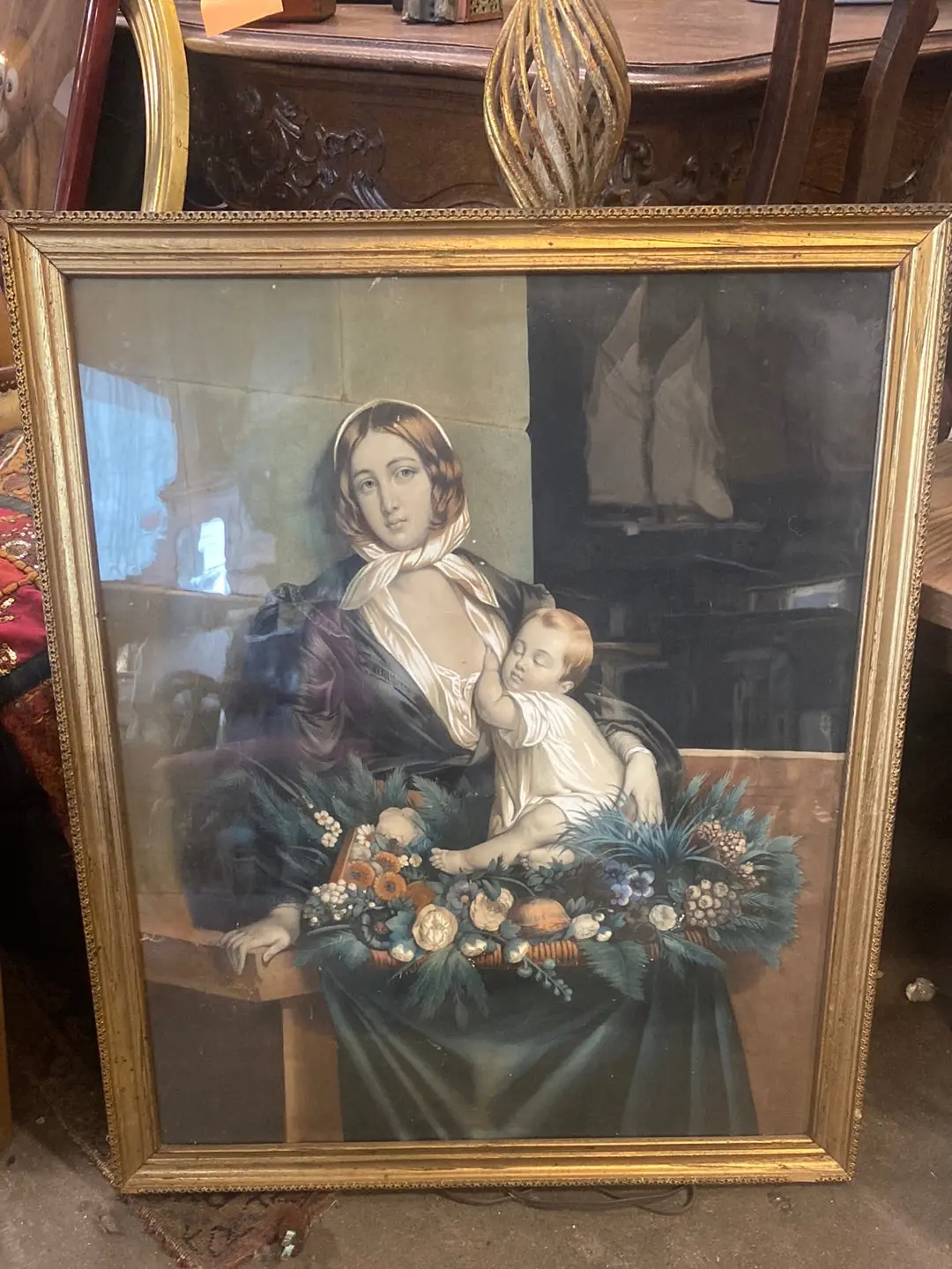 Flower Lady With Baby Lithograph In Gilt Frame 1