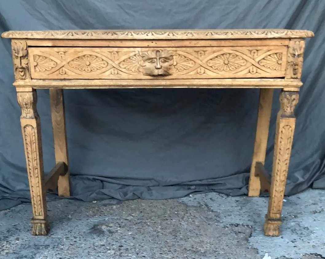 Raw Oak Carved English Console Table With Drawer 1