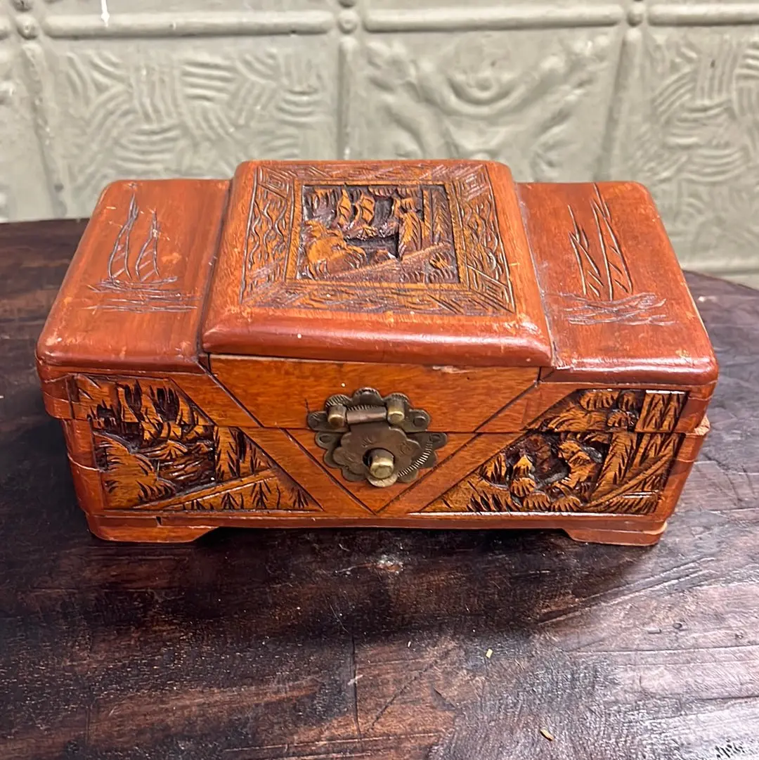 As Is Wood Carved Box With Brass Hinge 1