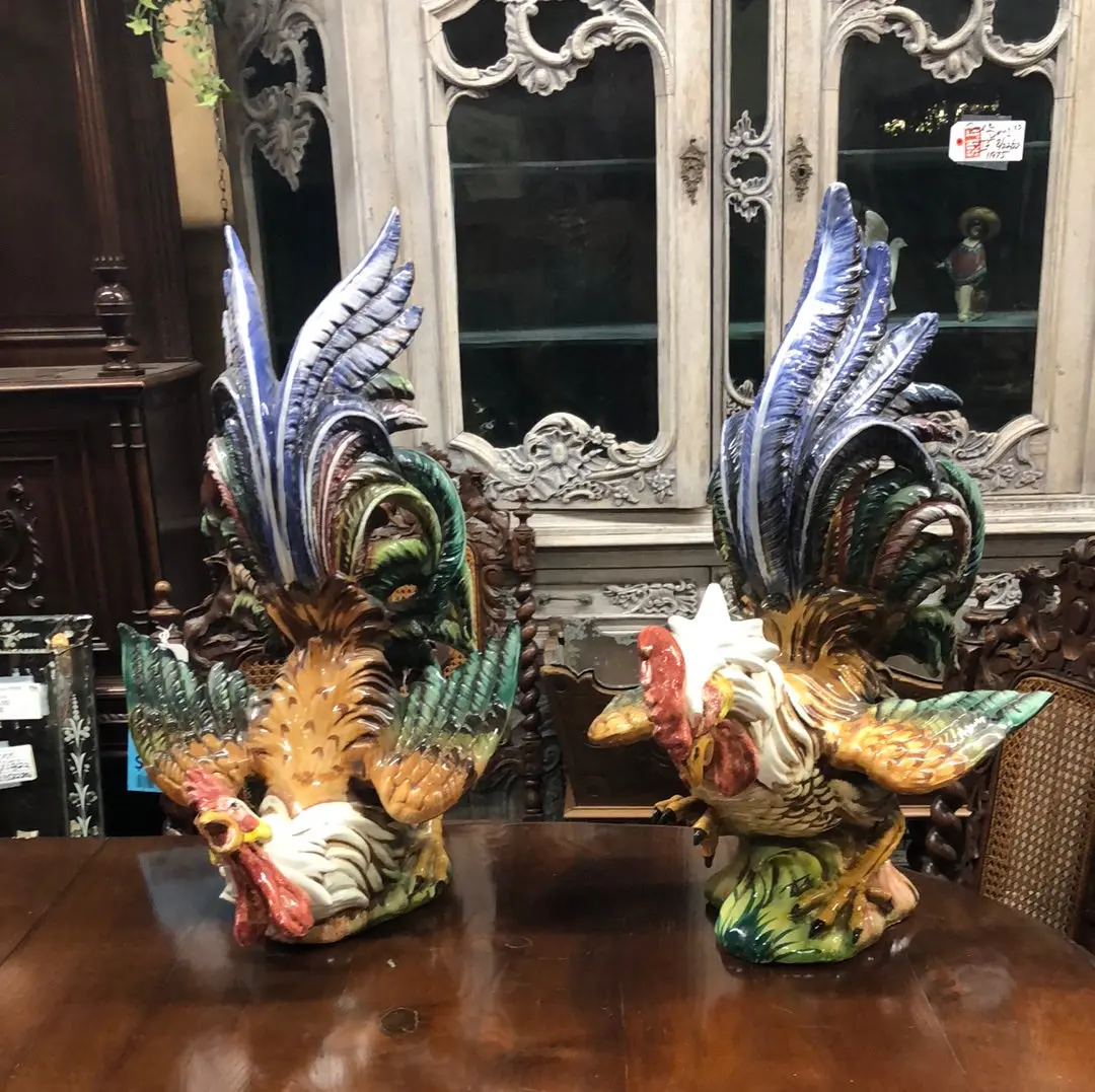 Pair Of Italain Glazed Pottery Roosters 1