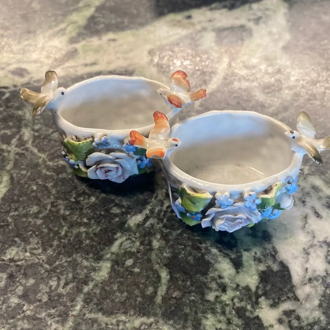 Pair Of As Found Mini Floral Ceramic Baskets With Birds 1
