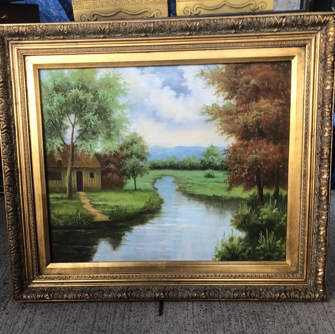 Gilt Framed Landscape Painting On Canvas With Yellow House 1