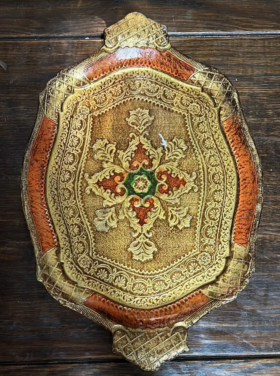Large Orange And Gold Florentine Tray 1