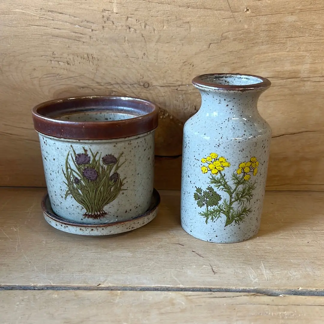 Pair Of Mini Speckled Pottery With Floral Decal Vessels 1