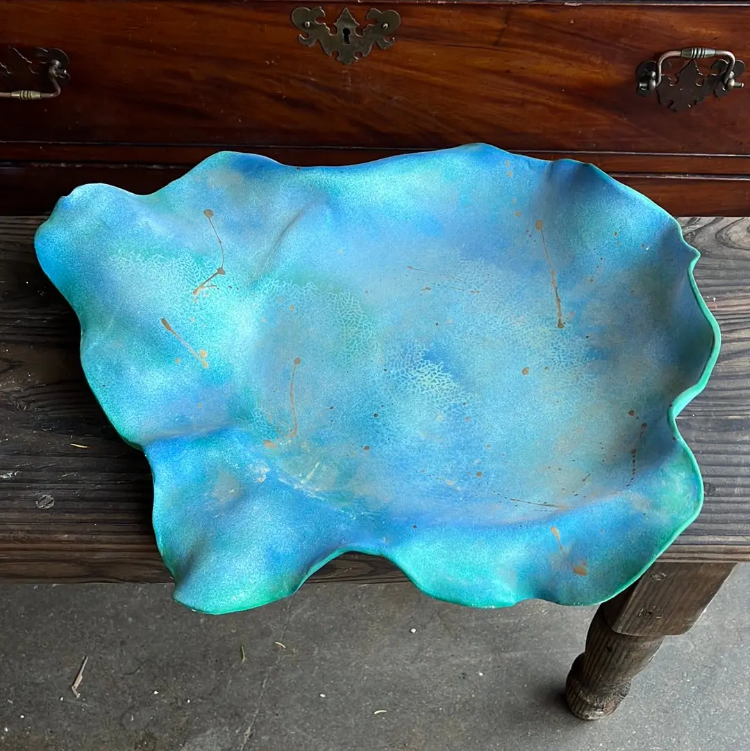Odd Shaped Blue And Green Pottery Tray With Gold Splatter 1