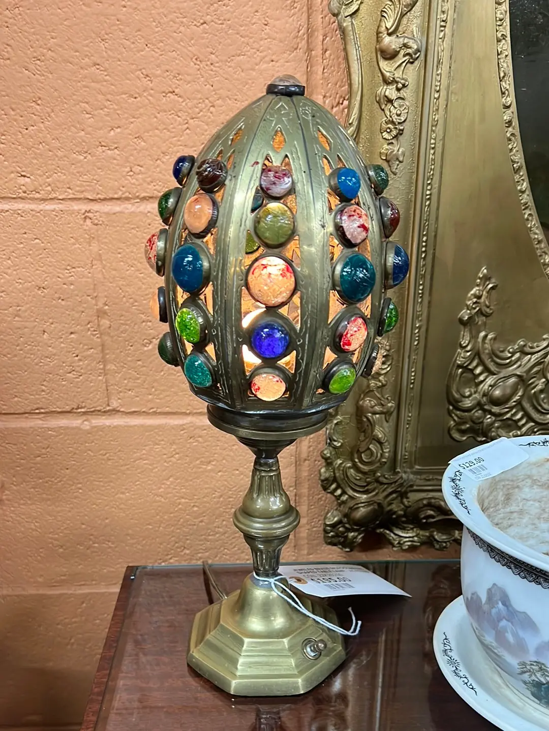 Jeweled Brass Moroccan Egg Shaped Table Lamp - As Found 1