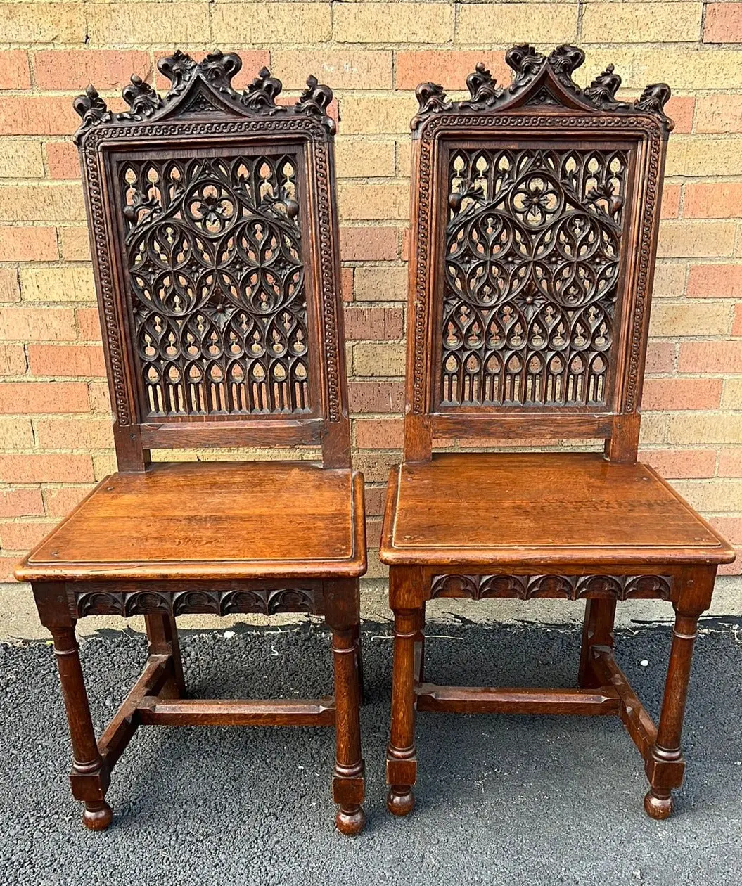 Pair Of Gothic Oak Hall Chairs 1