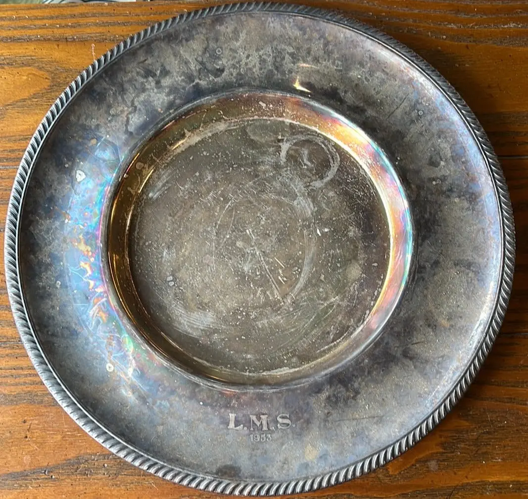 As Found Large Round Silverplate Tray L.M.S. 1953 1