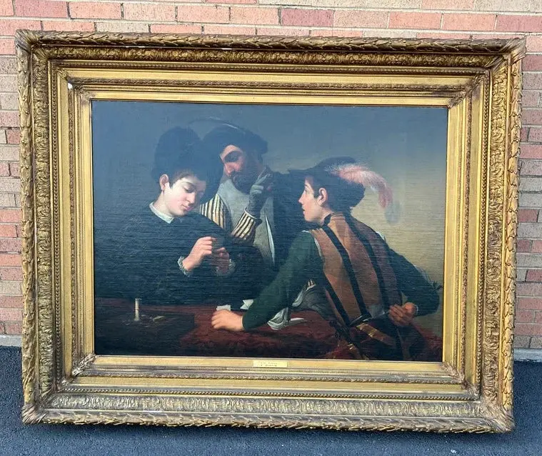 Huge Ornate Gilt Framed Oil Painting On Canvas By E. Burros " The Card Cheat" 1