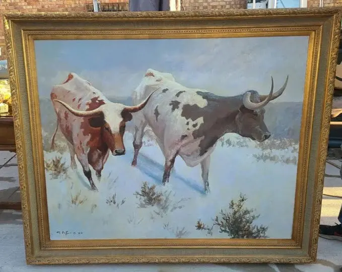 Large Framed Oil Painting Of Texas Long Horns By Robert De Leon 1