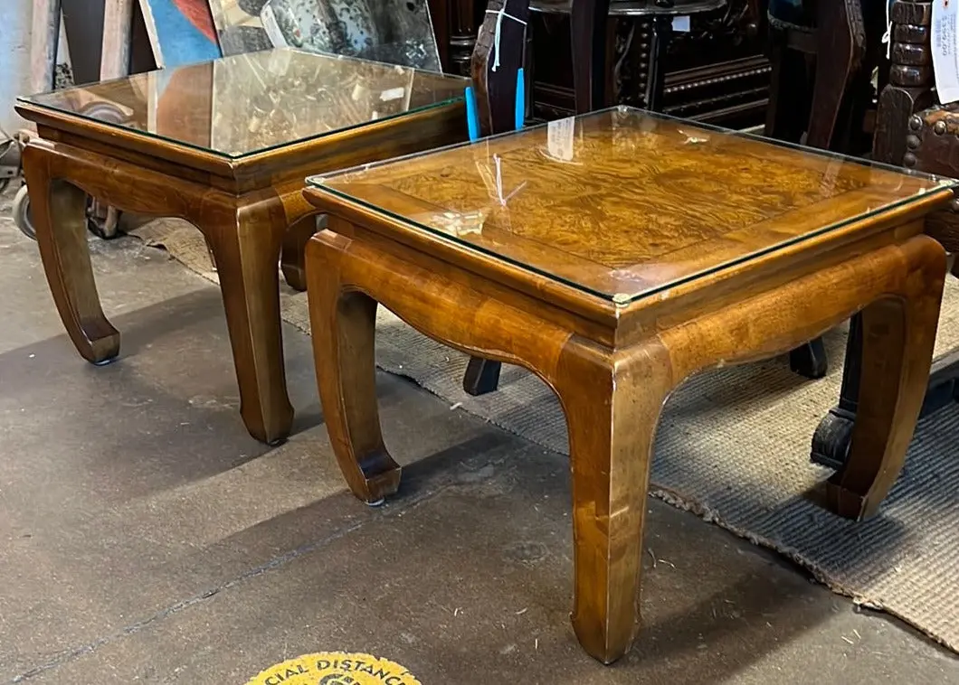 Pair Of Glass Top Century Burl Side Table With Ming Legs 1
