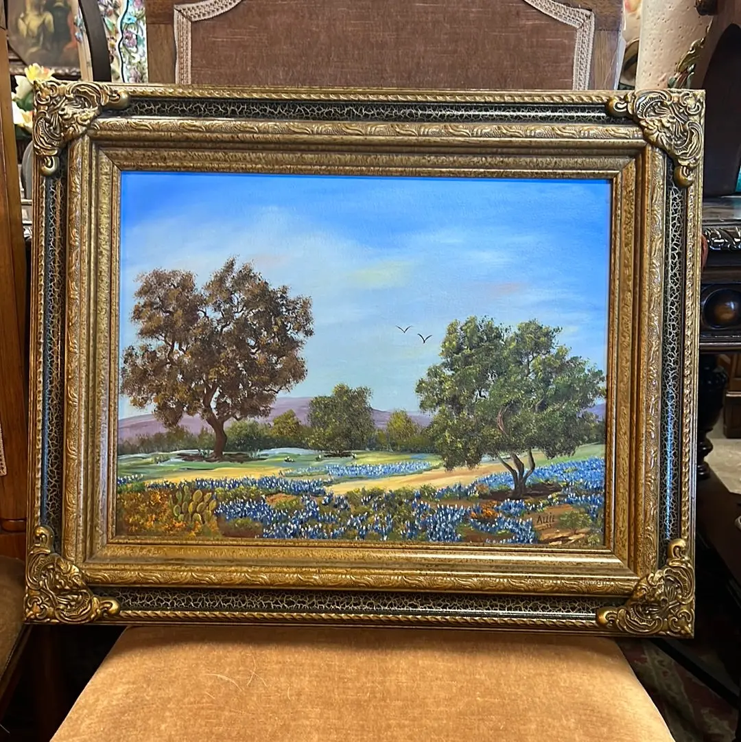 Framed Oil Painting With Trees And Blue Bonnets Signed Allie 1