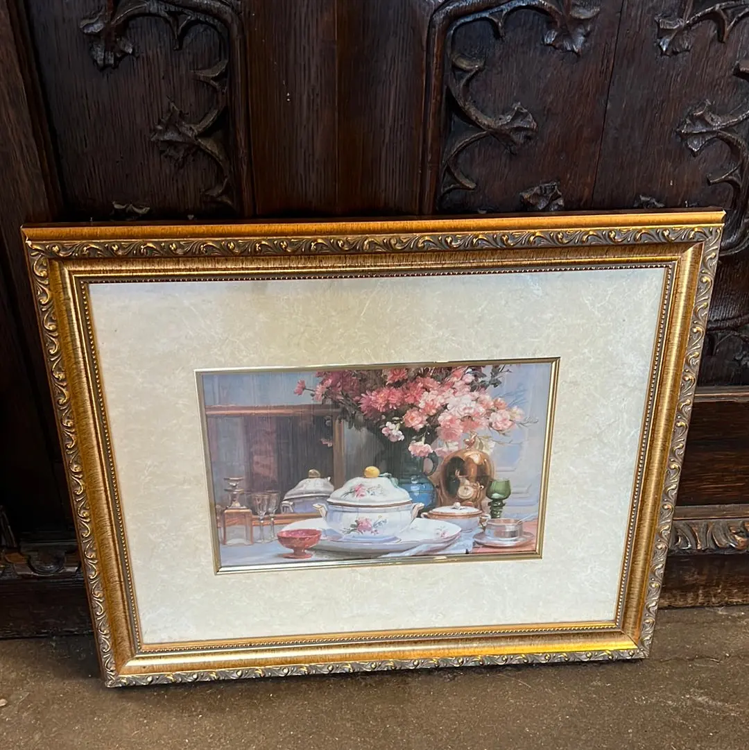 Framed Pastel And Golden Still Life Print With Pink Flowers And Porcelain 1