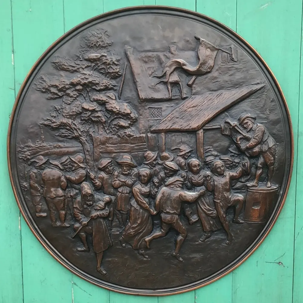 Large Copper Relief Plaque.  With Village People Partying 1