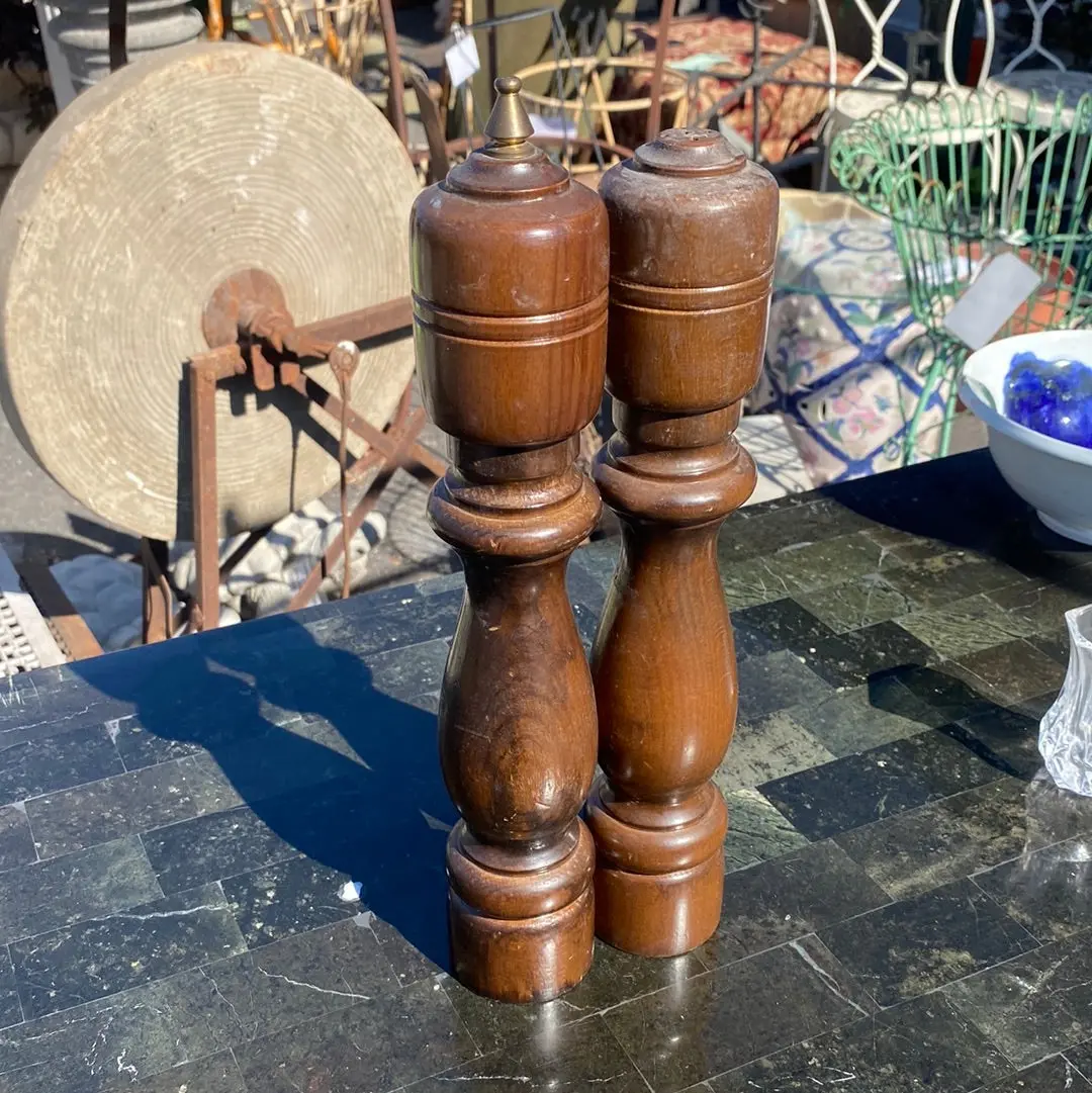 Pair Of Tall Turned Wood Salt And Pepper Shakers 1
