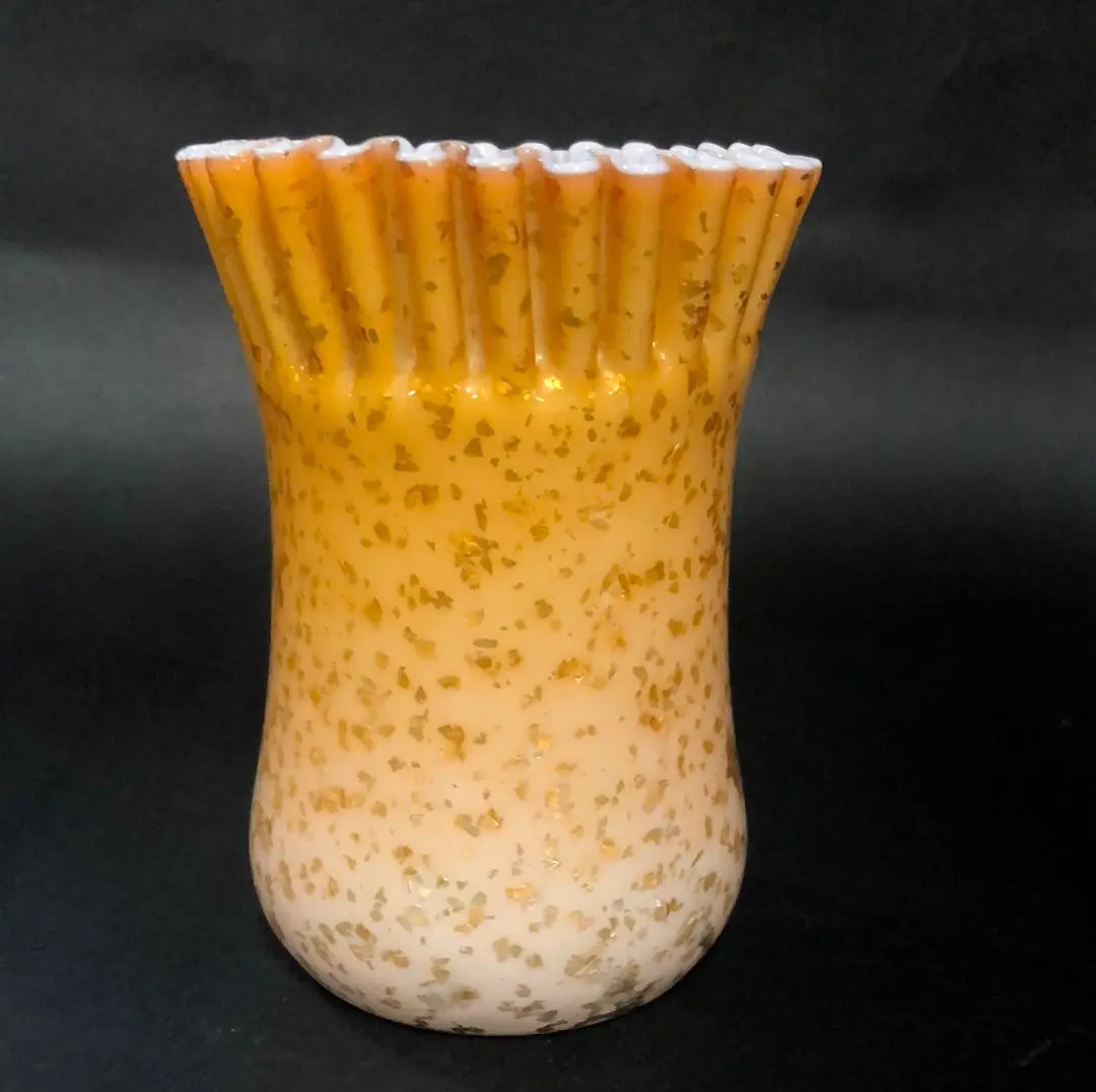 Apricot Spangled Cased Glass Ruffled Vase 1