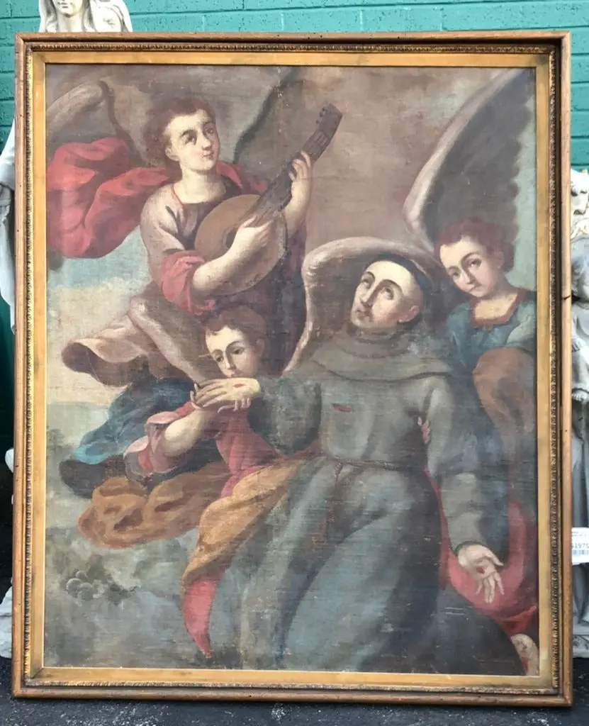 Large Gold Framed Saint Oil Painting With Angel Playing Lute 1