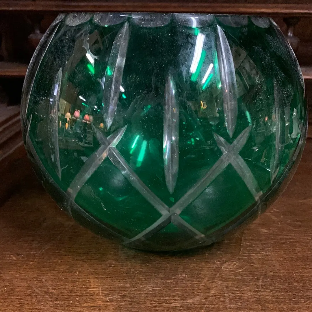 Cut Green Glass Rose Bowl 1